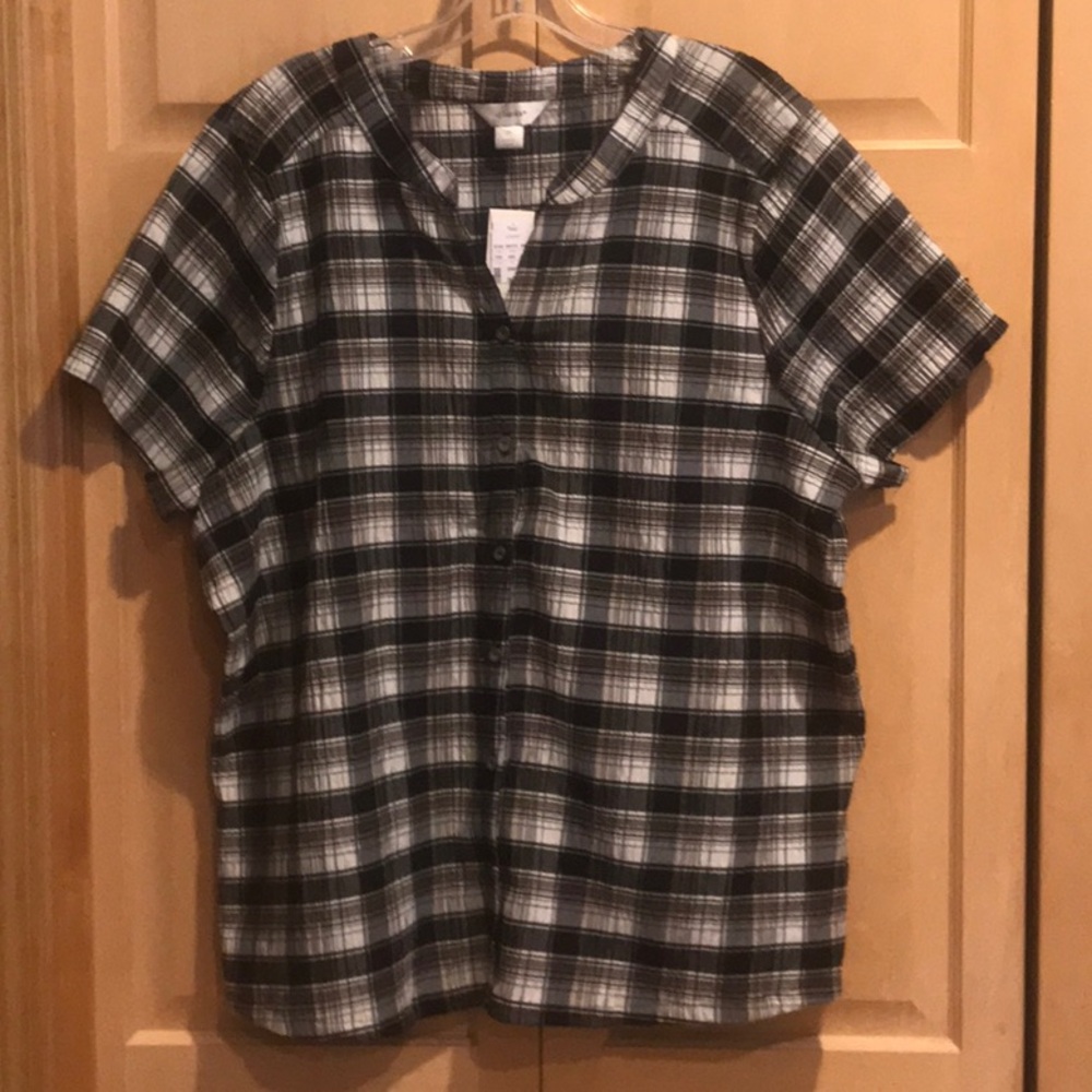 New CJ Banks Plaid Black and White Blouse